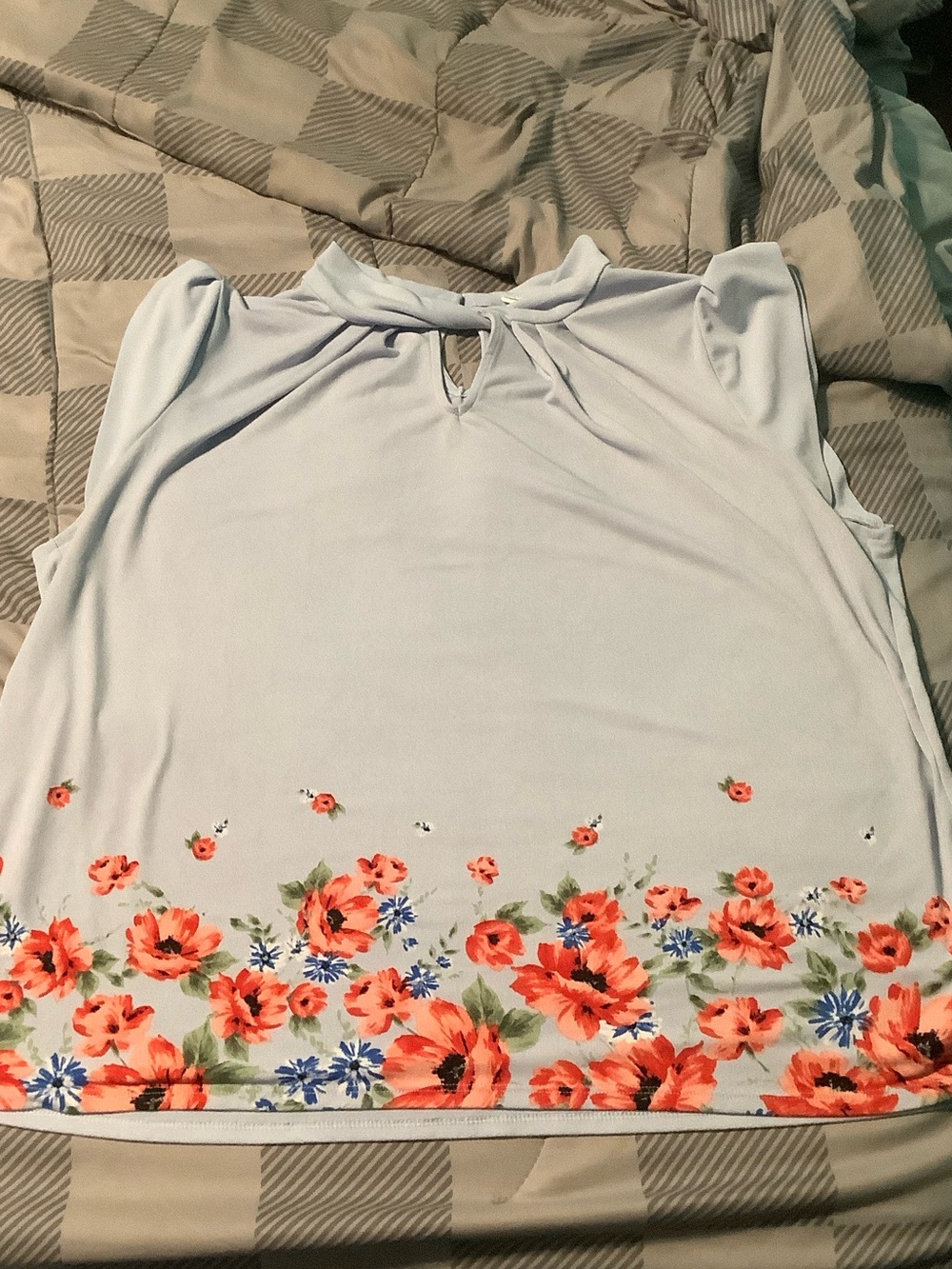 Elle Light Blue Sleeveless Floral Border Tank with Keyhole